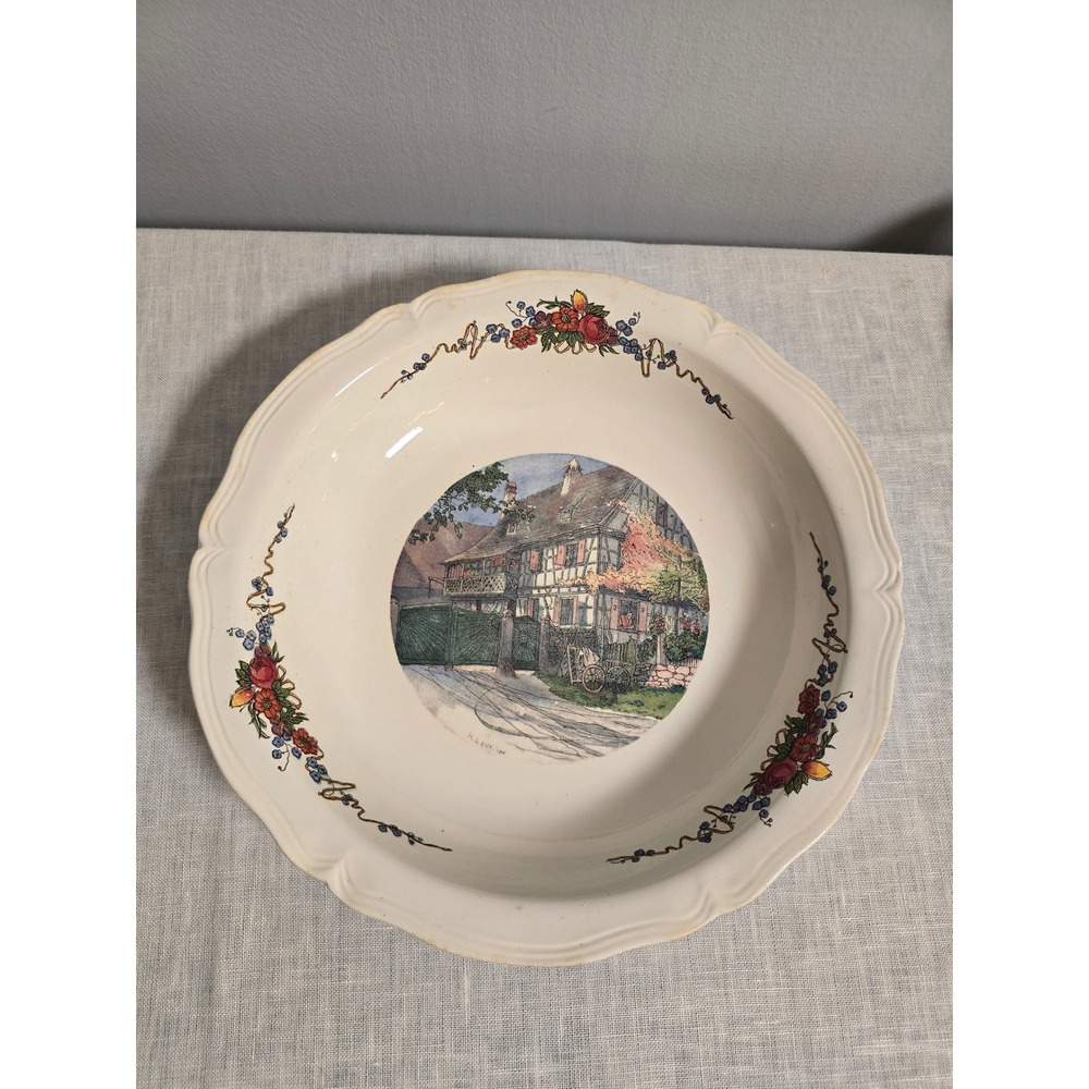 Obernai Faienceries Sarreguemines Soup Pasta Bowl Village Scenic Floral 10in